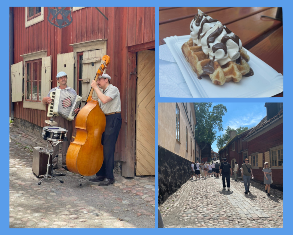 Juhannusristeily. Skansenin ulkoilumuseon katuja, katusoittajat sekä jäätelö vohvelilla.