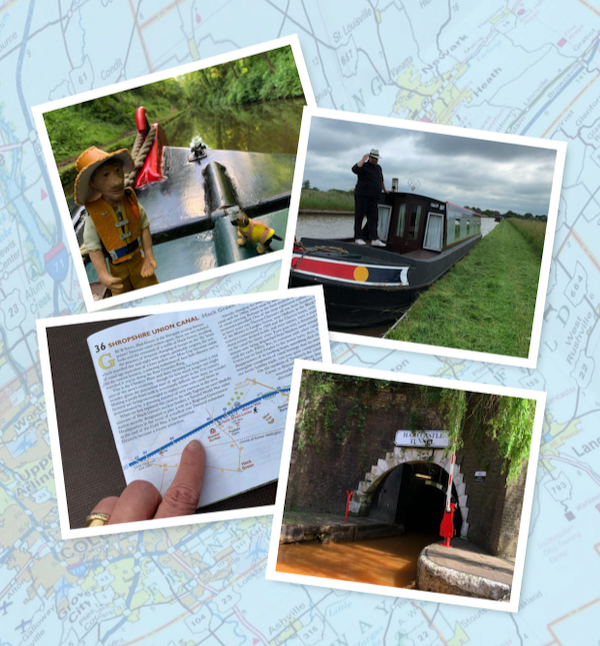 Missä olit silloin? Kuvakollaasissa neljä kuvaa joissa narrowboat, reittisuunnitelma ja pimeän luolan suu.