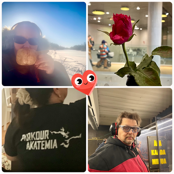 Helmikuun pienet suuret hetket. Kollaasi jossa nainen juo kuksasta kahvia oakkasessa, ruusu maljakossa, naisellä päällä musta Parkour Akatemian paita sekä mies ampumaradalla.