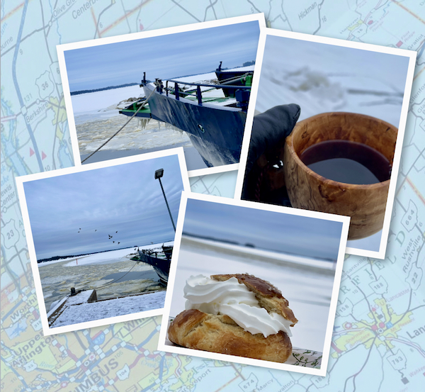 Missä olit silloin -blogihaaste. Kuvassa jäinen Kalkkiranta ja veneen keula. Laskiaispulla ja kuksa jossa on kahvia etualalla. 