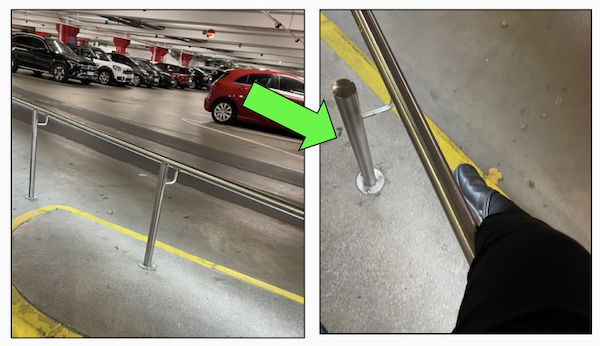 Seniorparkour. Kuvassa autohallissa oleva kaide jonka ylittäminen on hyvä harjoitus.