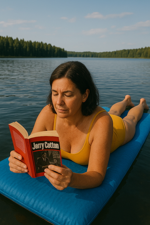 Kesäkirjat 2025. Kuvassa nainen uimapatjalla lukemassa Jerry Cottonia