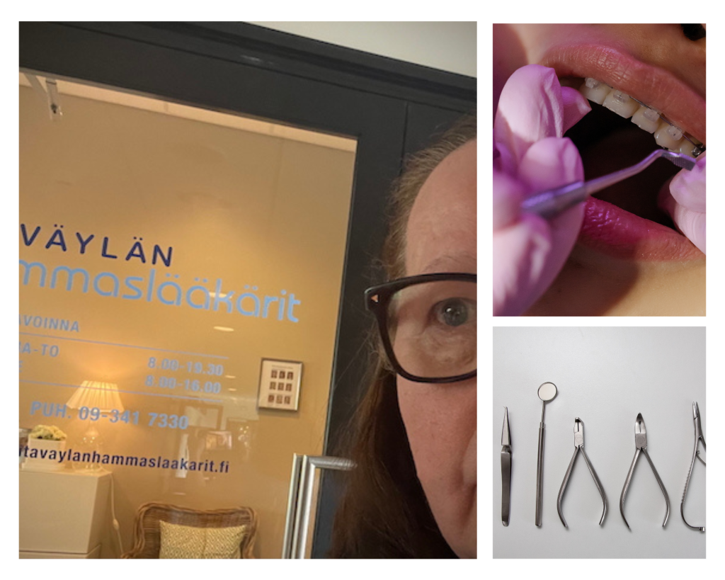 Kesäkuun valoja ja varjoja. Kuvakollaasi jossa nainen hammaslääkärin oven takana, kuva lääkärin käsistä ja avonaisesta potilaan suusta sekä hammaslääkärin työvälineitä. 