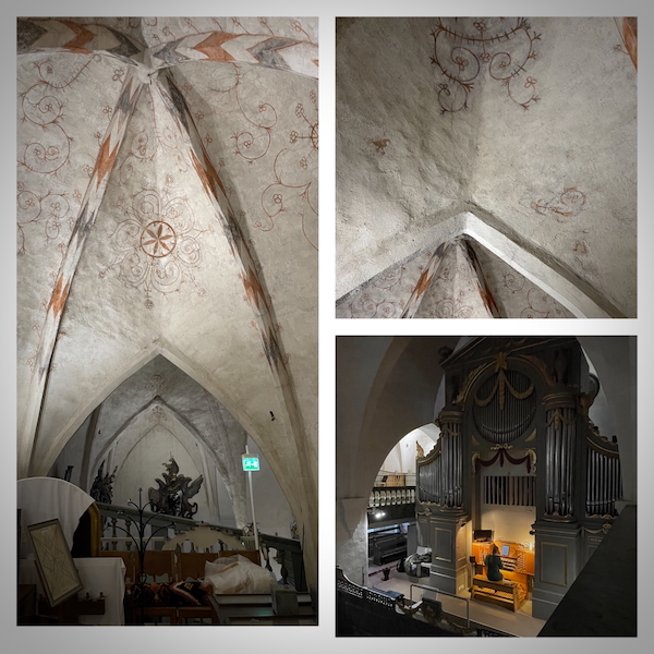 Marraskuun valoja ja varjoja. Kuvassa kolme kuvaa Porvoon tuomiokirkon lehteriltä. Kattomaalauksia ja urkuri.