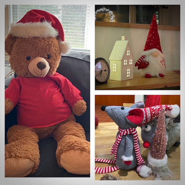 Marraskuun valoja ja varjoja. Kuvassa on kolme erillistä kuvaa joissa erilaisia tonttuja tai jouluhahmoja. 