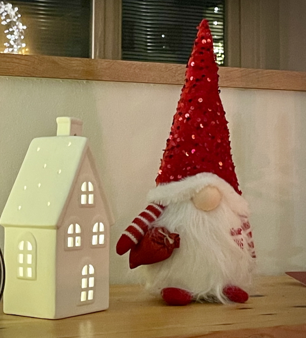 Marraskuun valoja ja varjoja. Kuvassa tonttu valkoisen talon vieressä.